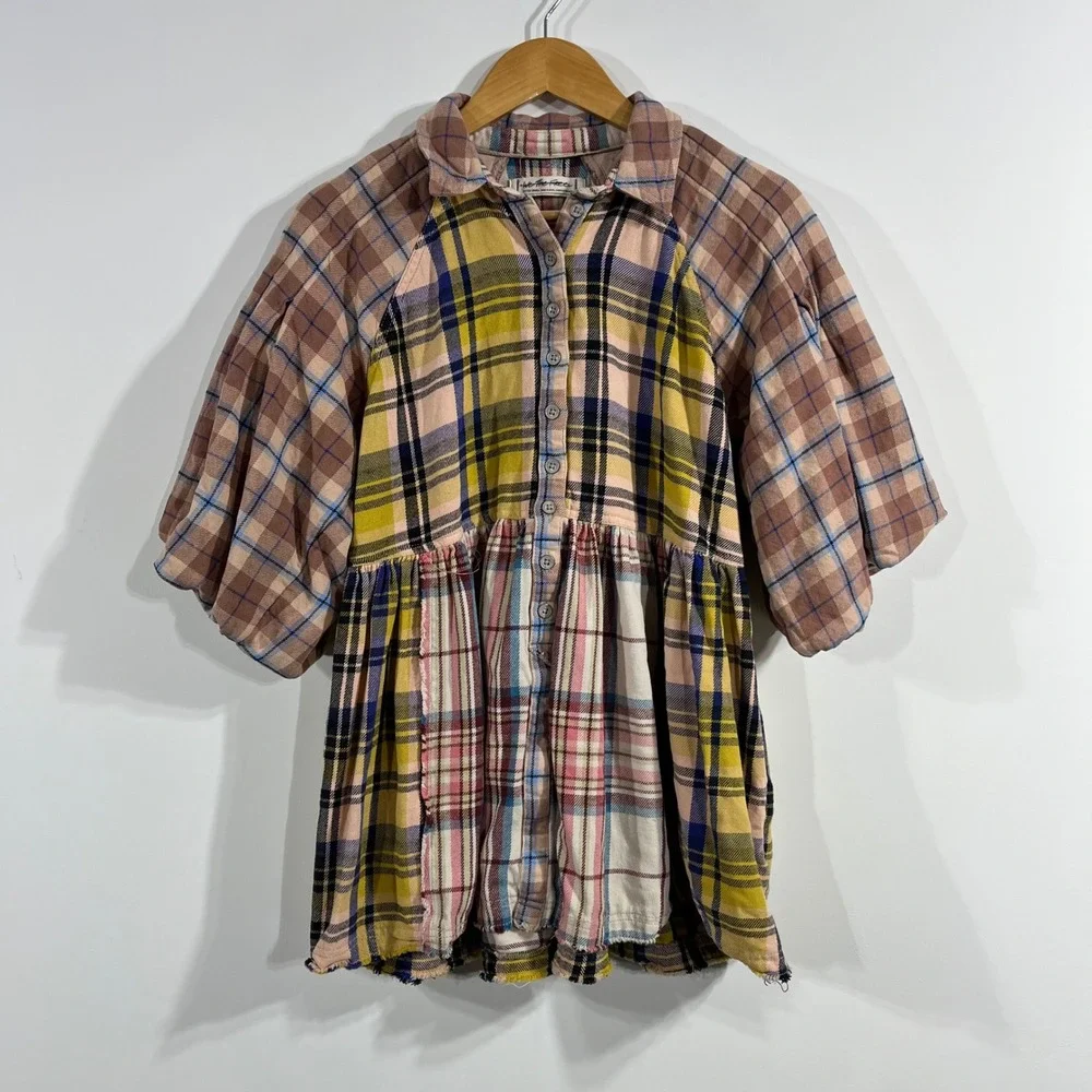 We The Free Moon Bay Boho Plaid Patchwork Babydoll Top Multi Color Womens XS 90s